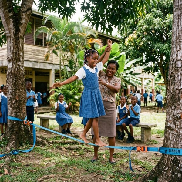 Slackline Balance in Schoolyard
